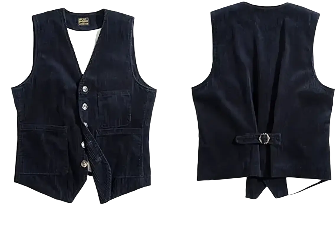 Dark navy mens corduroy tweed suit vest waistcoat with button closures and a back belt loop shown from the back side