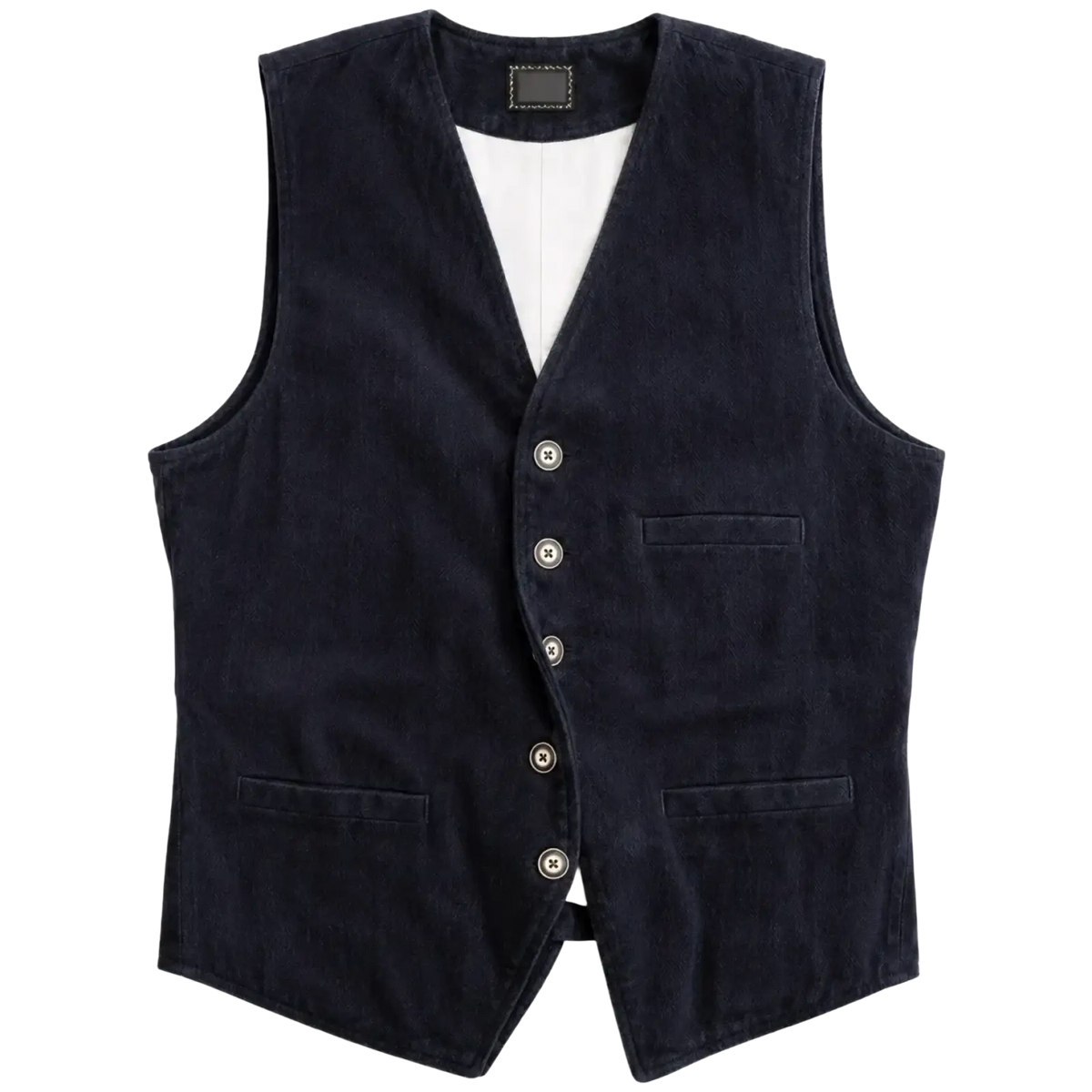 Mens corduroy tweed suit vest waistcoat in dark navy with v-neck, five silver buttons, and two flap pockets