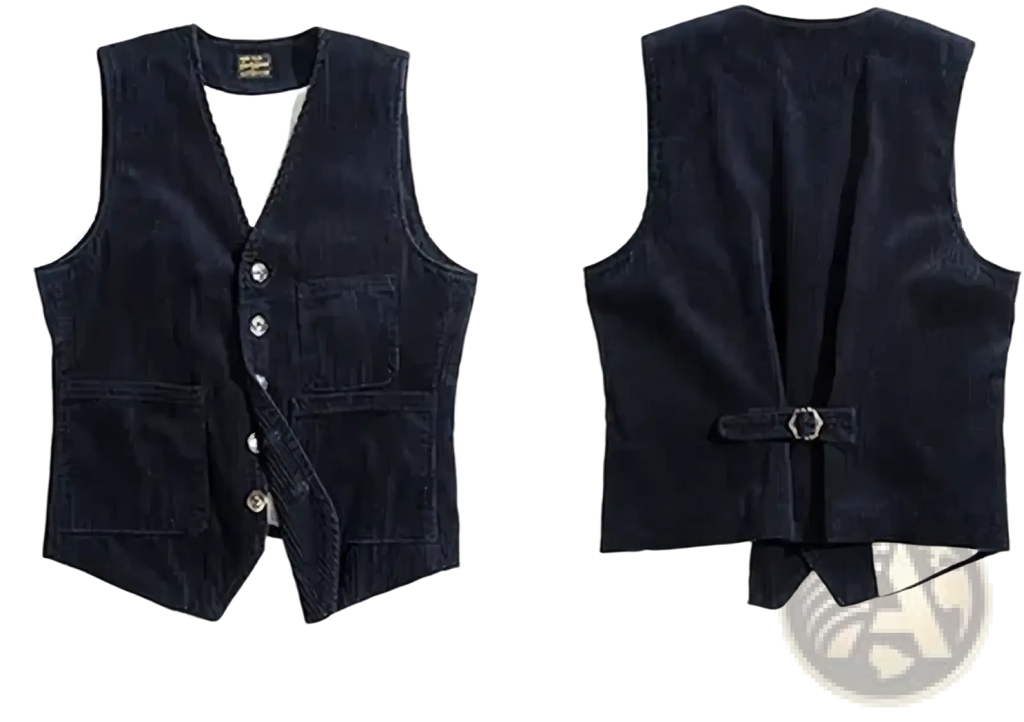 Dark navy mens corduroy tweed suit vest waistcoat with button closures and a back belt loop shown from the back side