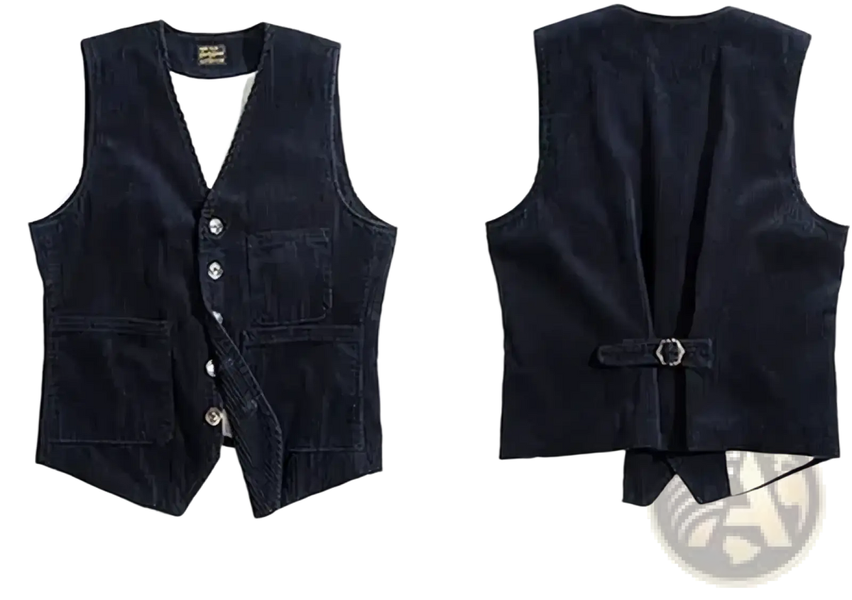 Dark navy mens corduroy tweed suit vest waistcoat with button closures and a back belt loop shown from the back side