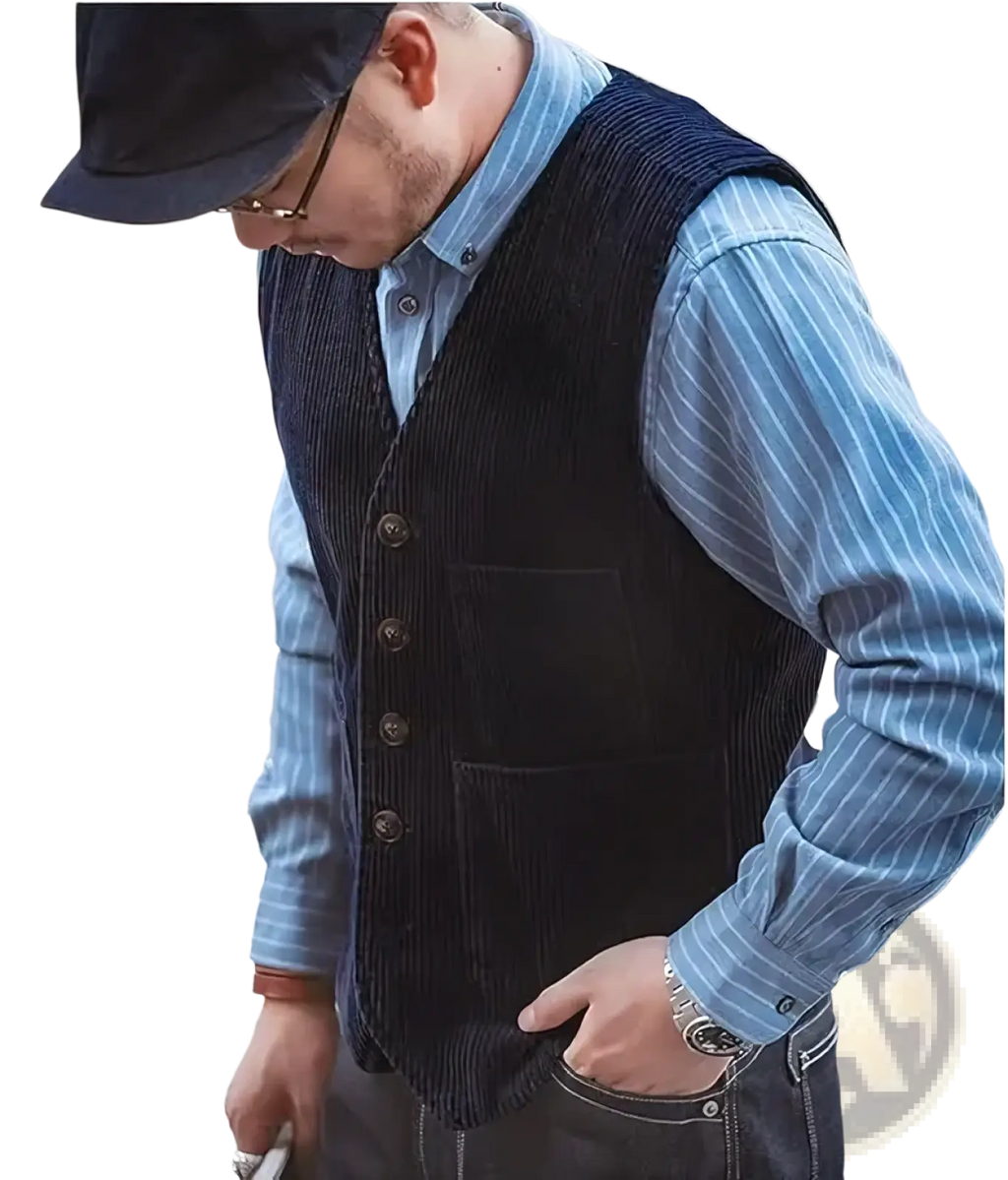 Mens corduroy tweed suit vest waistcoat in dark navy with vertical ribbed texture and matching buttons