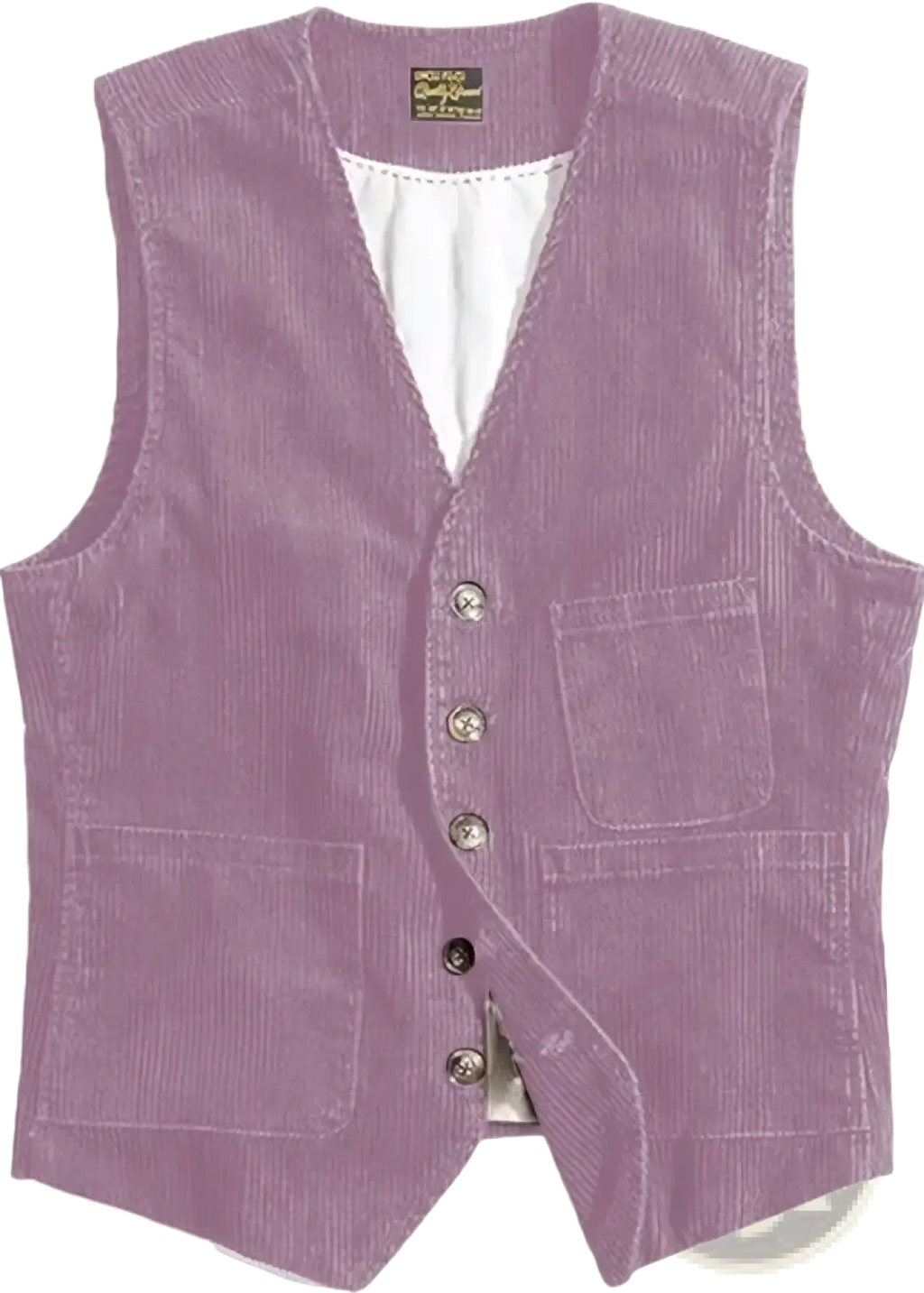 Mens corduroy tweed suit vest waistcoat in lavender with v neck, front button closure, and two patch pockets