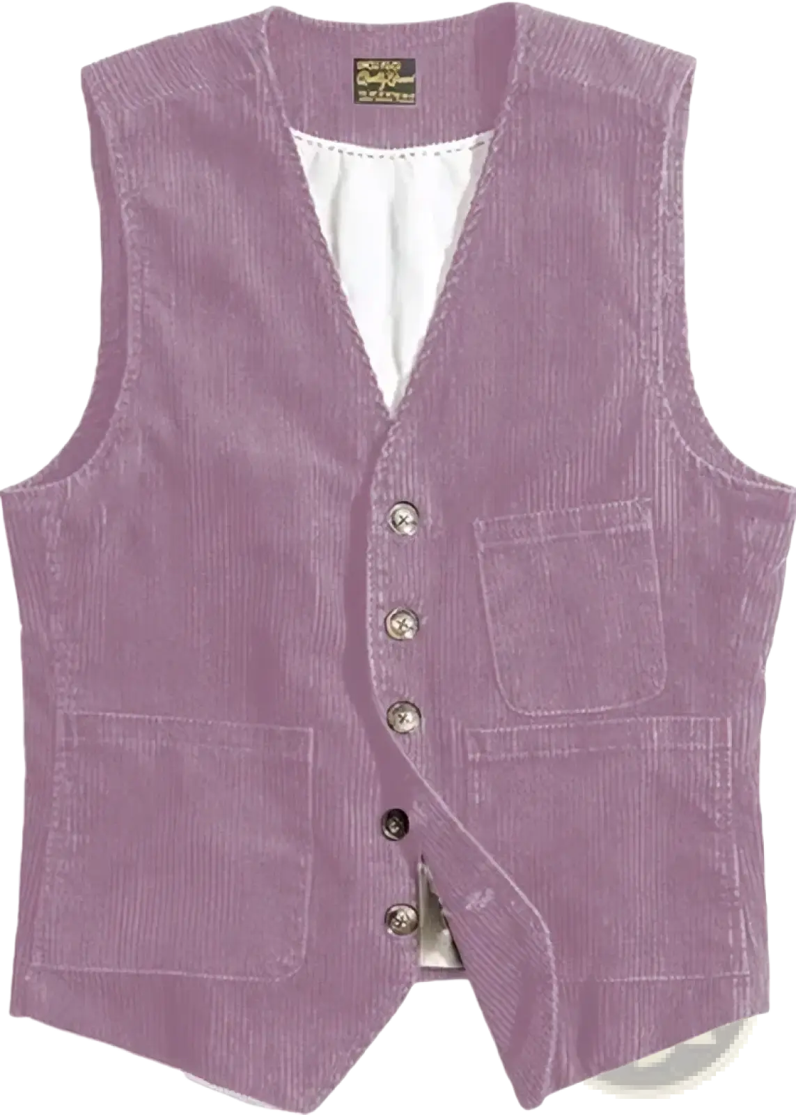Mens corduroy tweed suit vest waistcoat in lavender with v neck, front button closure, and two patch pockets