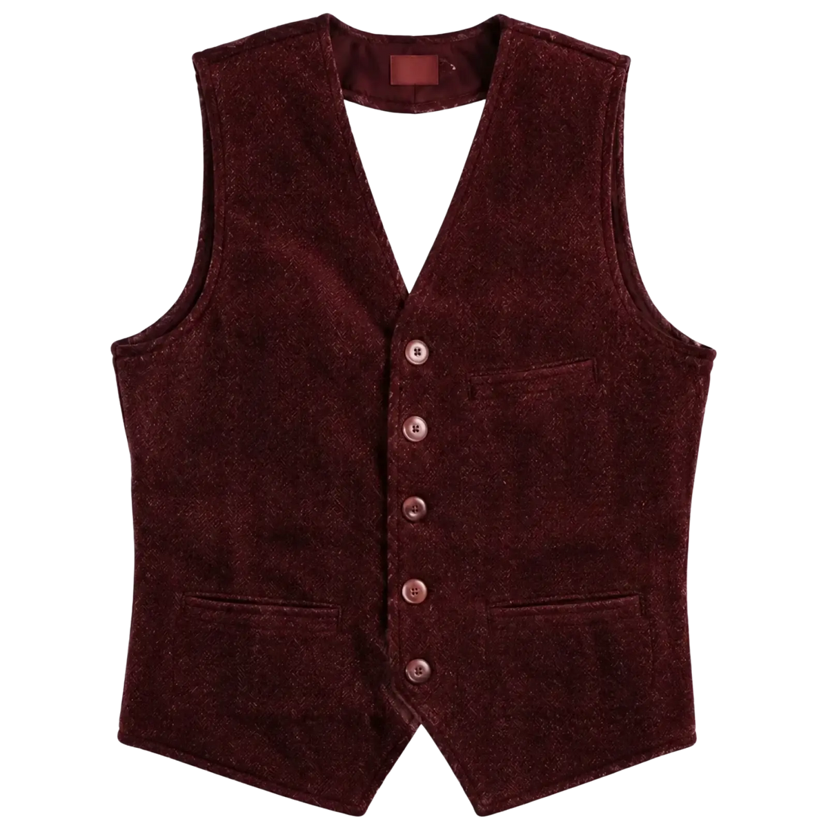 Mens corduroy tweed suit vest waistcoat in rich burgundy velvet with v neck five buttons and two patch pockets