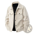 Cream-colored mens corduroy work jacket with classic collar and two front chest pockets fastened by dark buttons