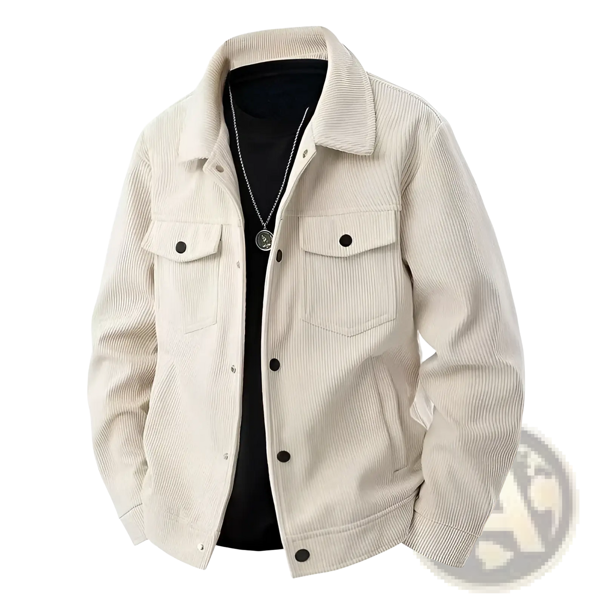 Cream-colored mens corduroy work jacket with classic collar and two front chest pockets fastened by dark buttons