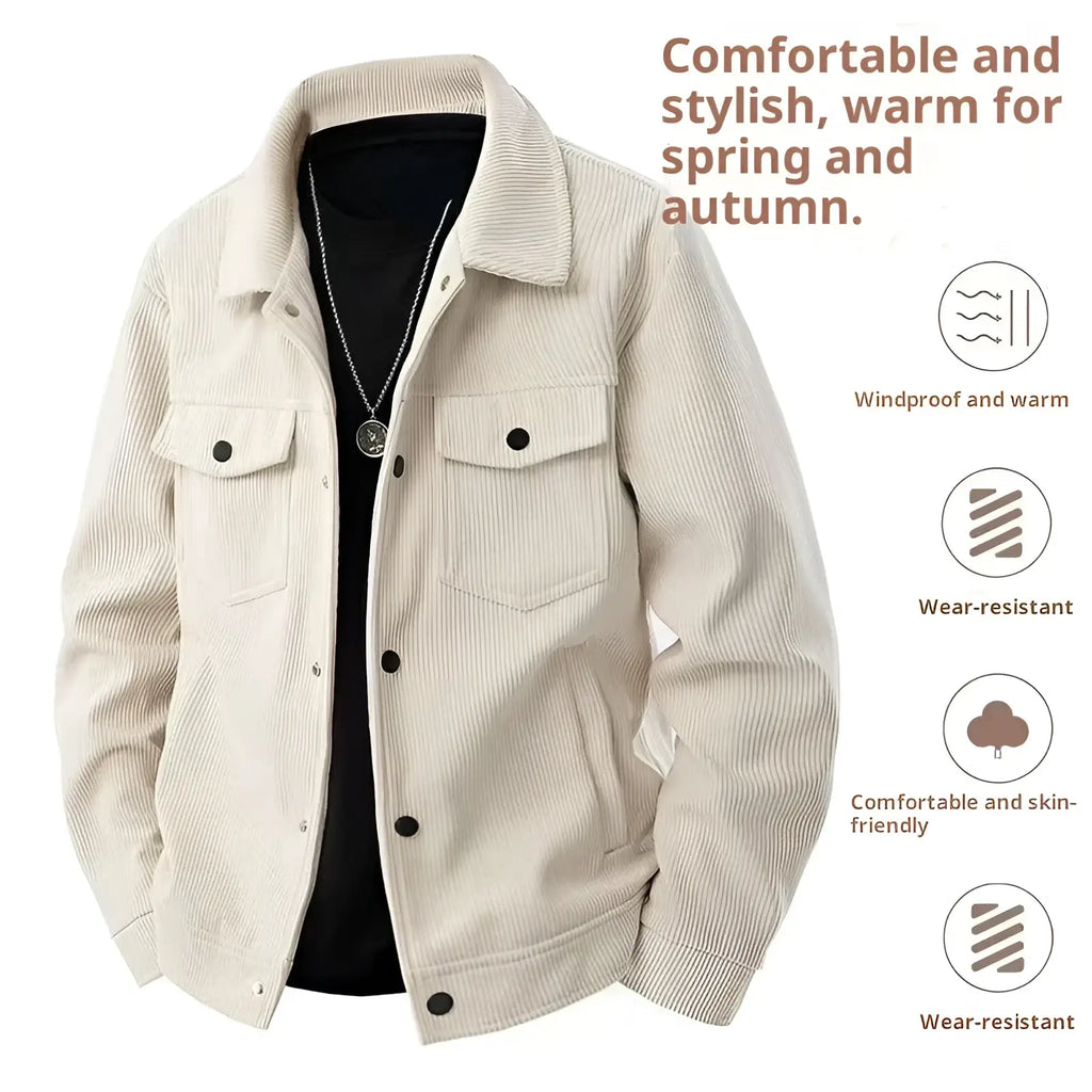 Mens beige corduroy work jacket with black buttons and collar worn over a black shirt for casual use