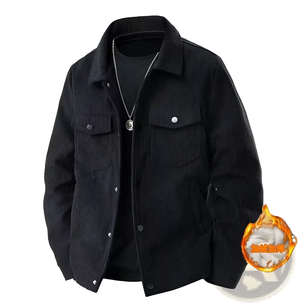 Mens black corduroy work jacket with ribbed texture silver buttons loose casual lapel design