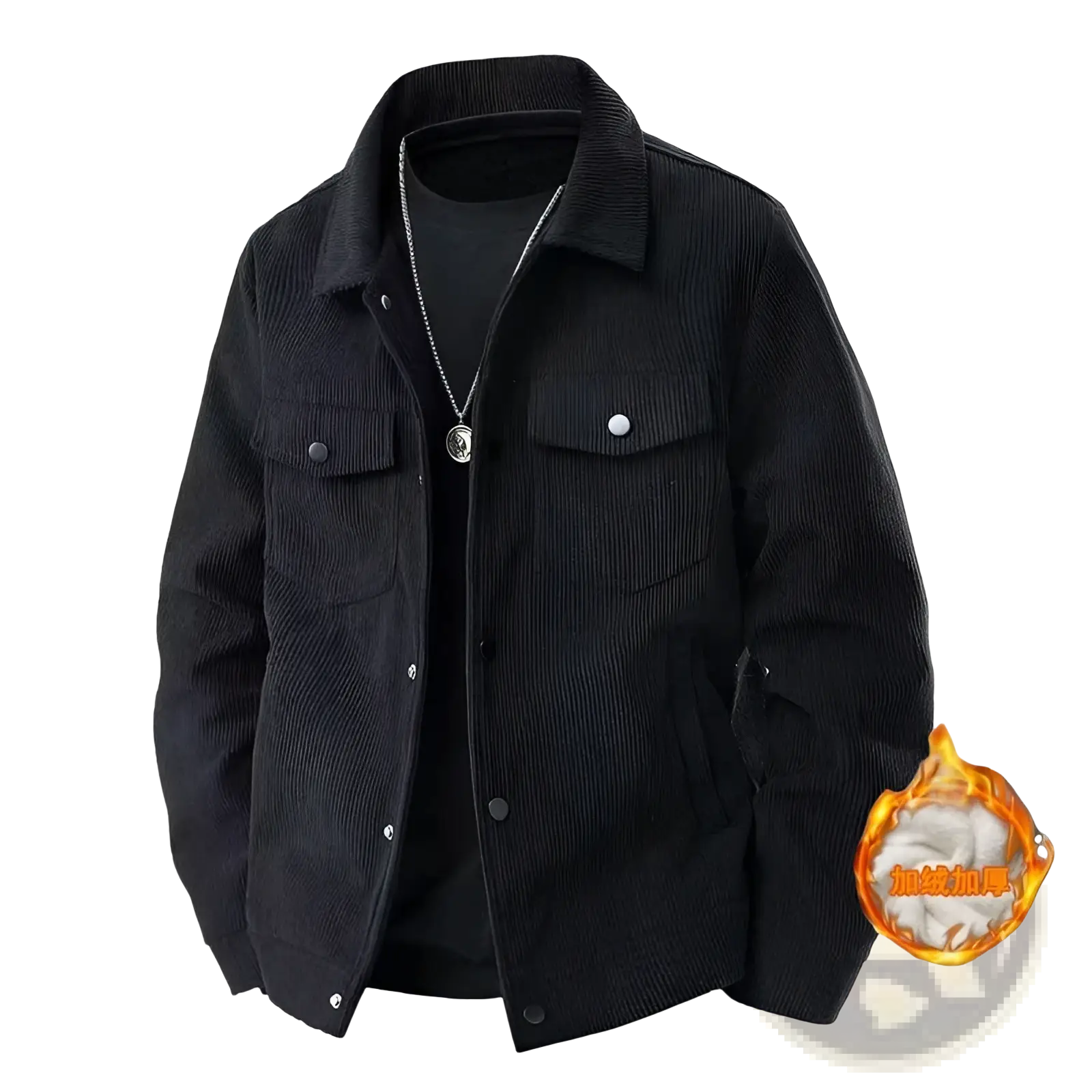 Mens black corduroy work jacket with ribbed texture silver buttons loose casual lapel design