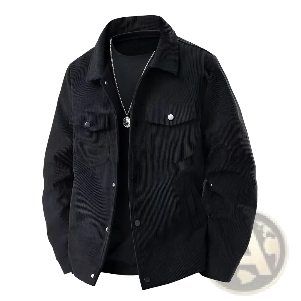 Mens black corduroy work jacket with classic collar buttoned chest pockets for loose casual wear