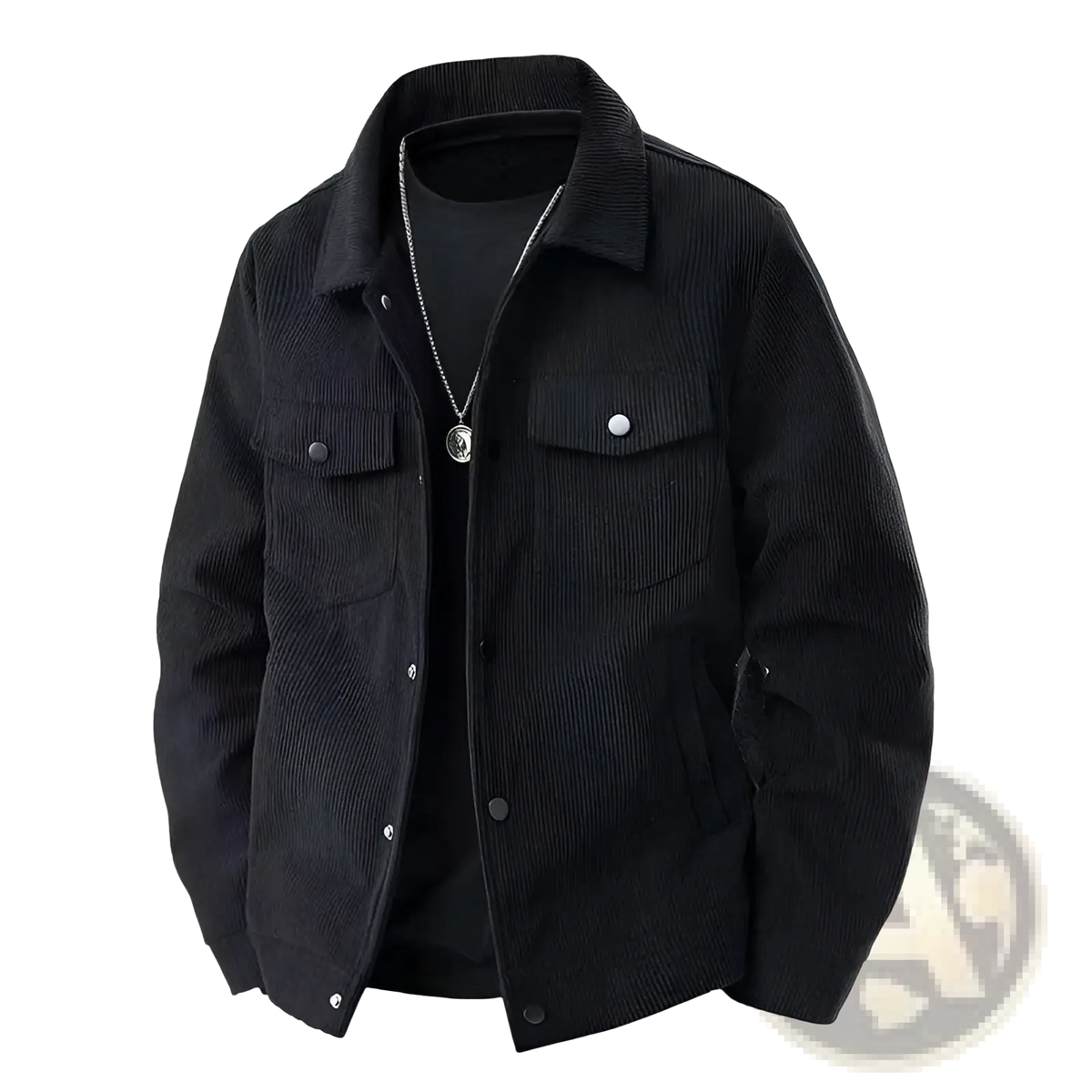 Mens black corduroy work jacket with classic collar buttoned chest pockets for loose casual wear