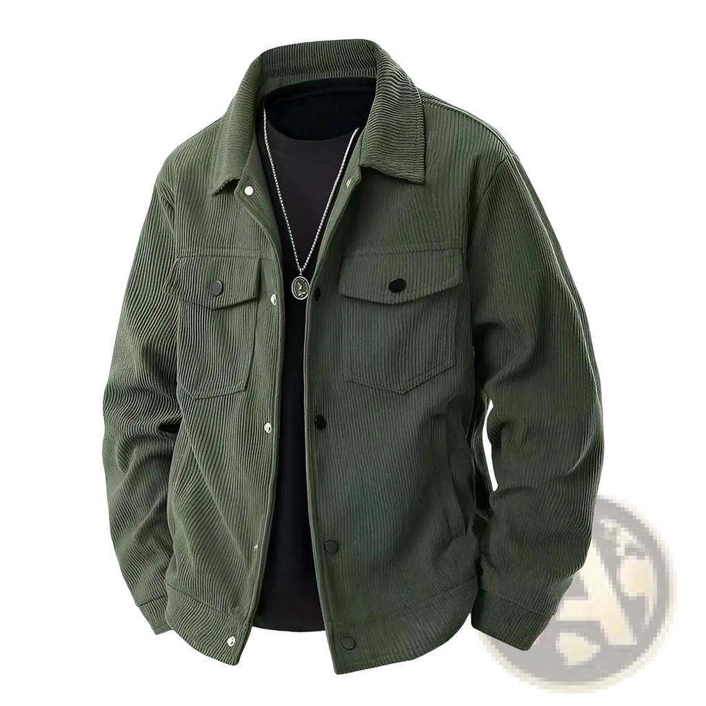 Mens olive green corduroy work jacket with classic collar and two front chest pockets for casual wear