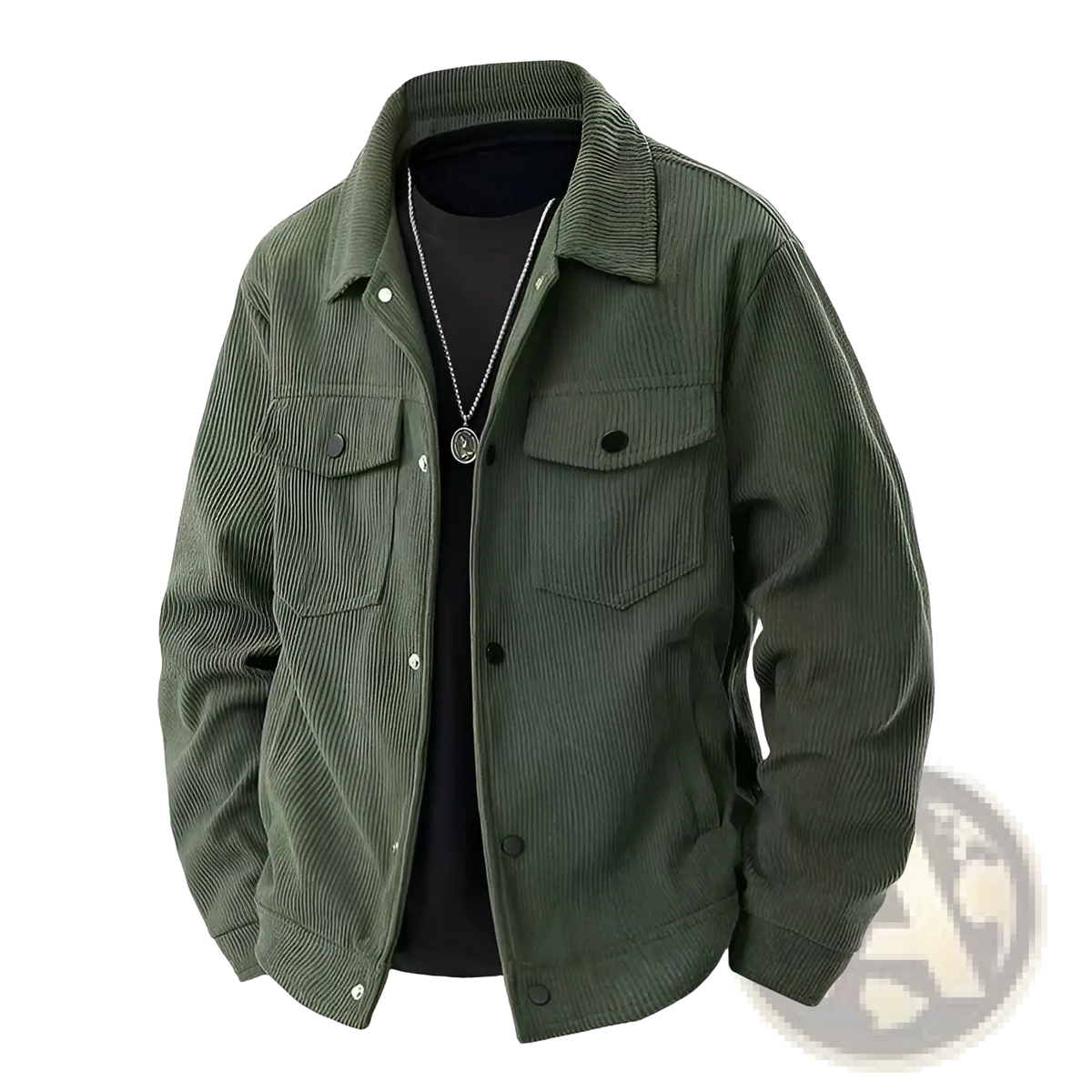 Mens olive green corduroy work jacket with classic collar and two front chest pockets for casual wear