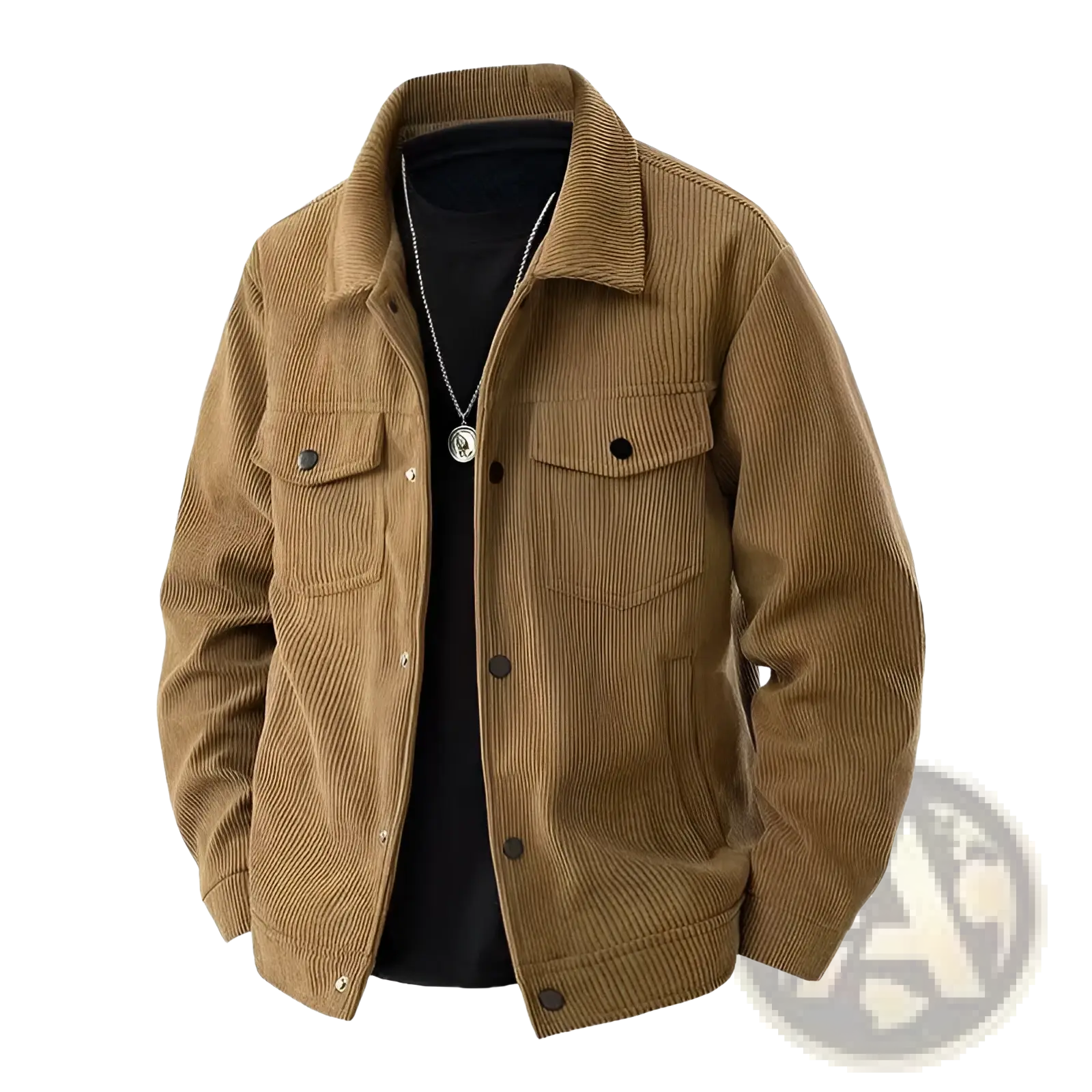 Tan corduroy mens work jacket with a classic collar button closures loose casual lapel design