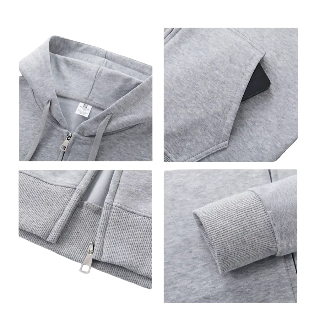 Men’s gray cotton blend zip-up hoodie with heathered texture, ribbed cuffs, and hem for casual wear