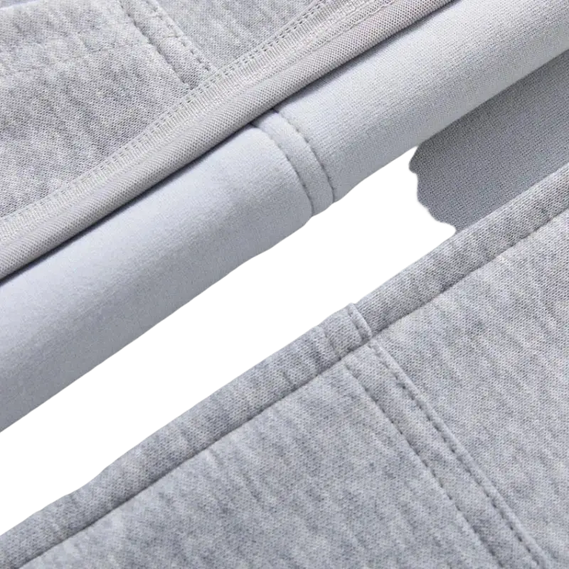 Men’s cotton blend zip-up hoodie gray paired with gray heathered sweatpants featuring soft textured fabric and stitching