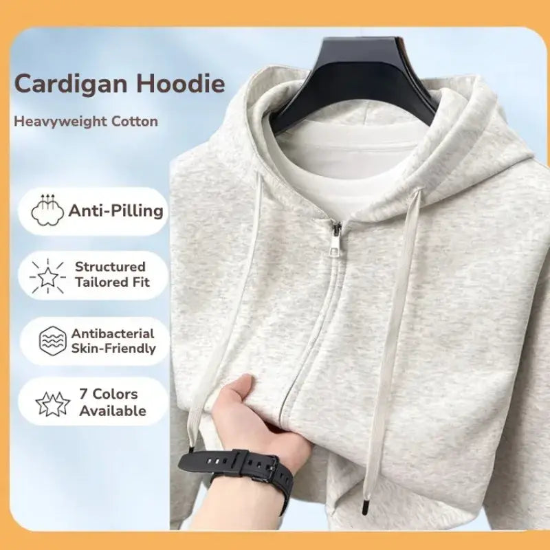 Men’s gray heavyweight cotton blend zip-up hoodie with front zipper drawstrings and structured tailored fit