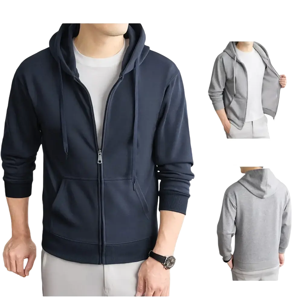Men’s navy blue slim fit zip-up hoodie with drawstring hood and front pockets made of cotton blend fabric