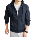 Navy blue men’s cotton blend zip-up hoodie with ribbed cuffs hem front pockets and drawstrings for casual wear