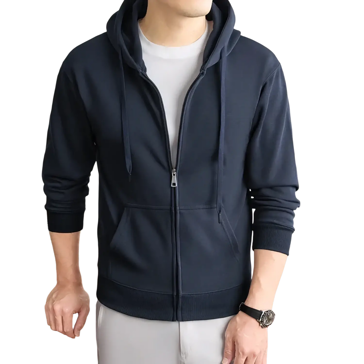 Navy blue men’s cotton blend zip-up hoodie with ribbed cuffs hem front pockets and drawstrings for casual wear