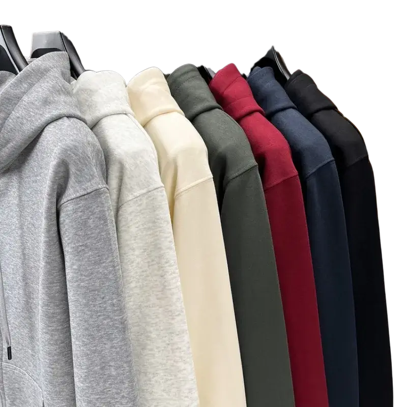 A row of men’s cotton blend zip-up hoodies in gray cream olive green red navy blue and black with soft hoods