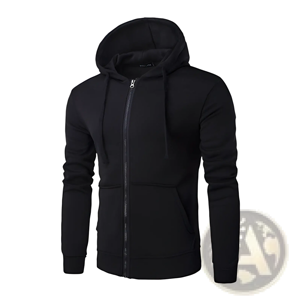 Black men’s cotton blend zip up hoodie with hood drawstrings and front pockets for casual wear