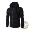 Black men’s cotton blend zip up hoodie with hood drawstrings and front pockets for casual wear