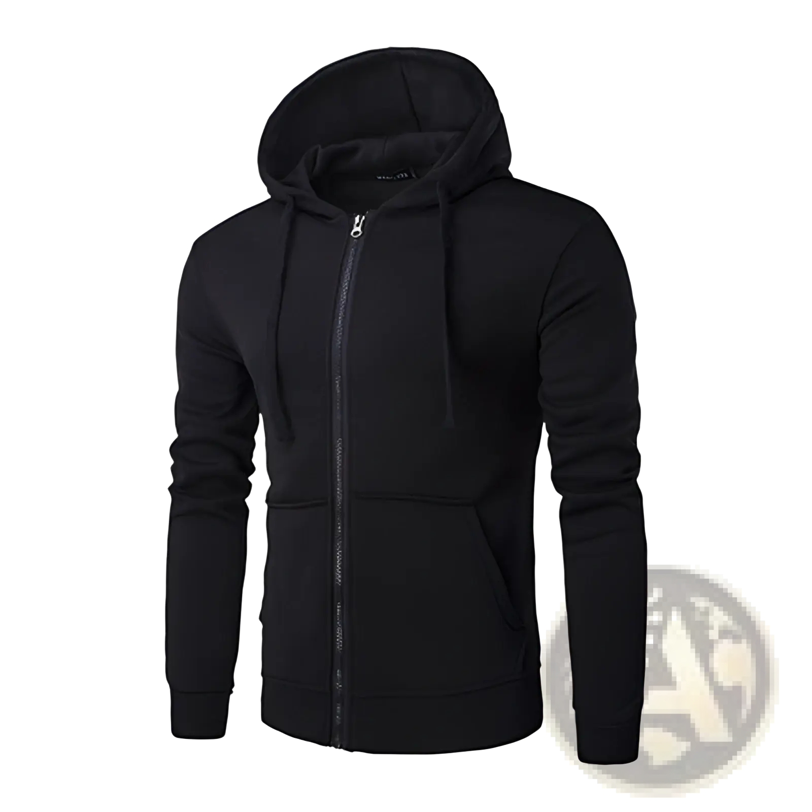 Black men’s cotton blend zip up hoodie with hood drawstrings and front pockets for casual wear