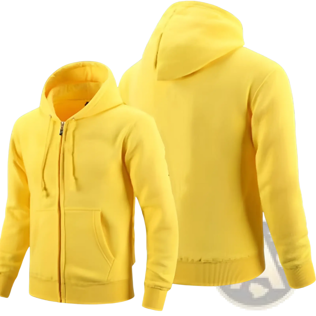 Men’s bright yellow cotton blend zip up hoodie with hood front pockets and ribbed cuffs for casual wear