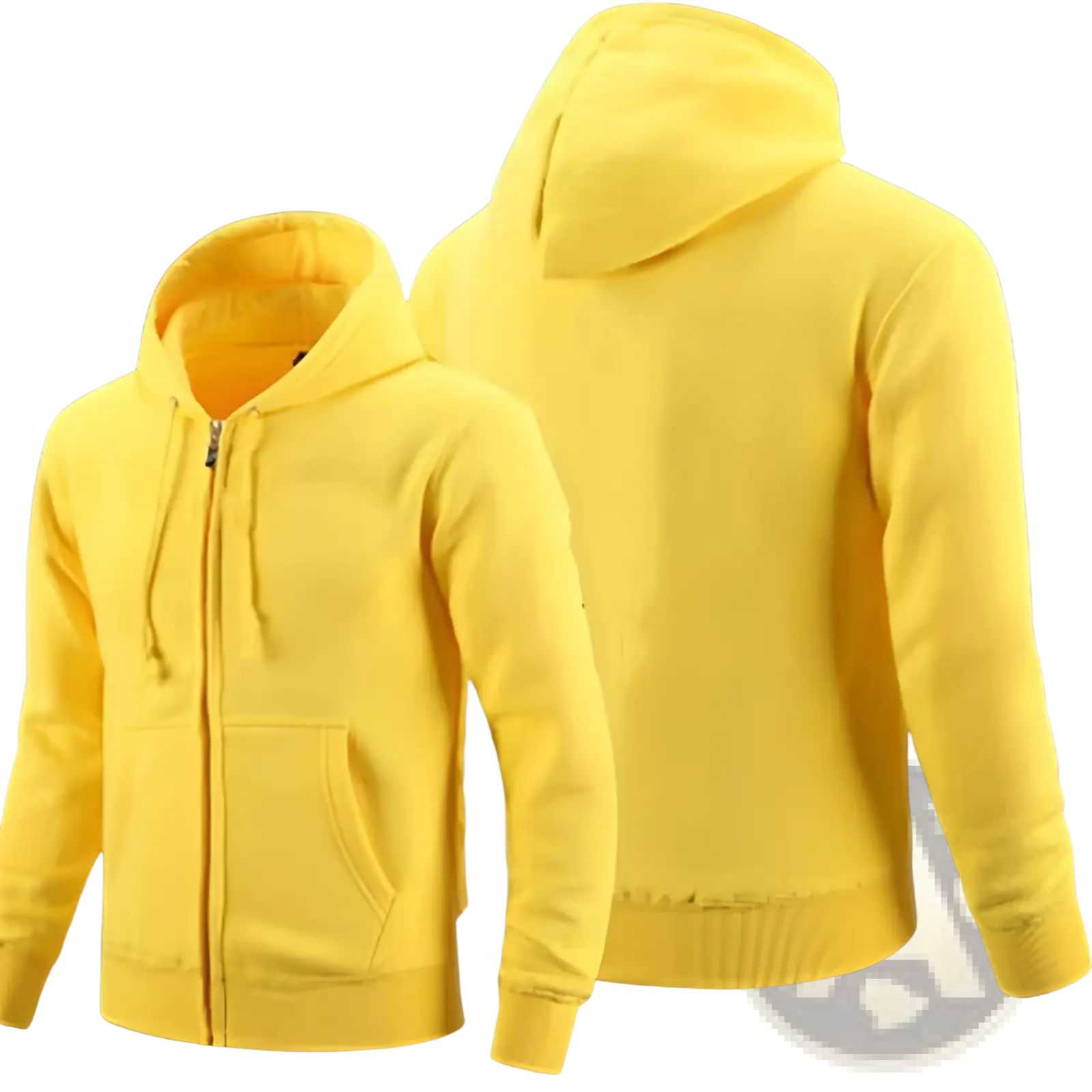 Men’s bright yellow cotton blend zip up hoodie with hood front pockets and ribbed cuffs for casual wear