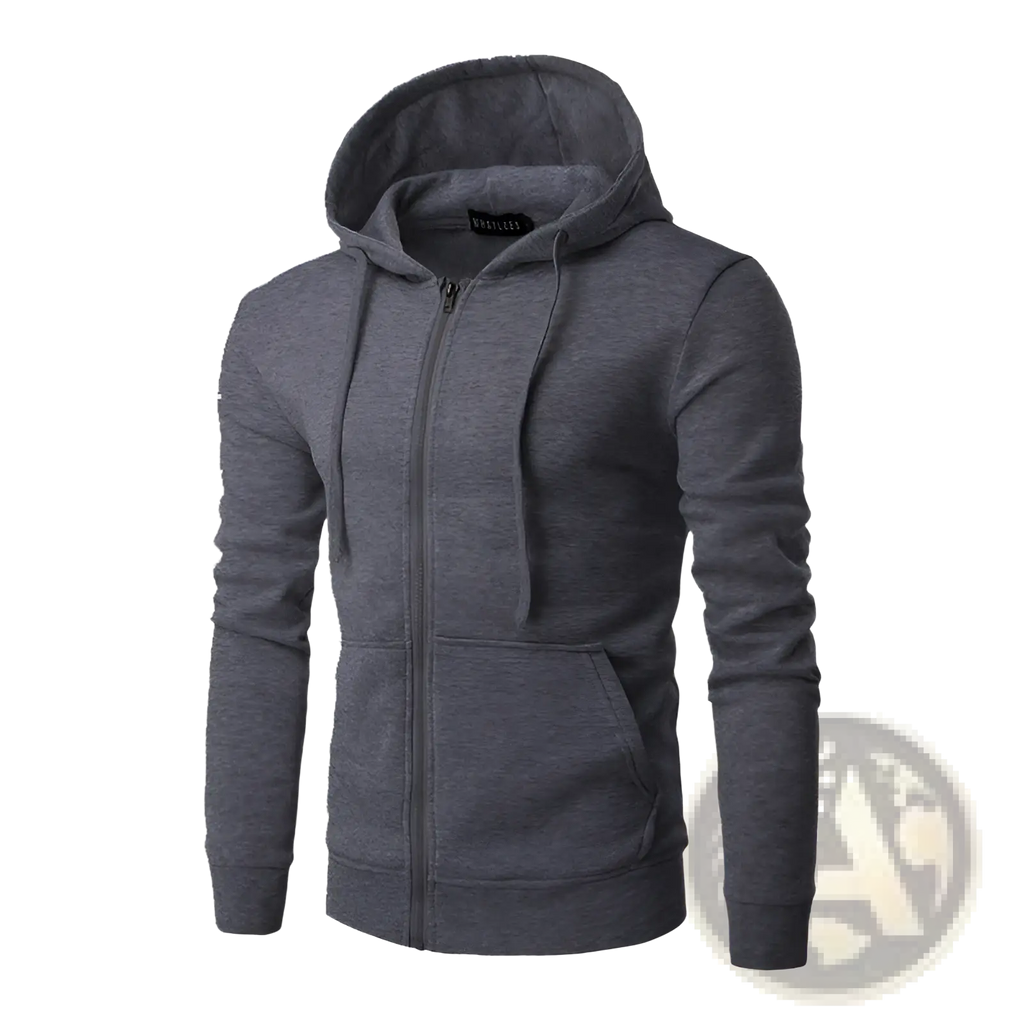 Men’s dark gray cotton blend zip up hoodie with matching hood front pockets and ribbed cuffs for casual wear
