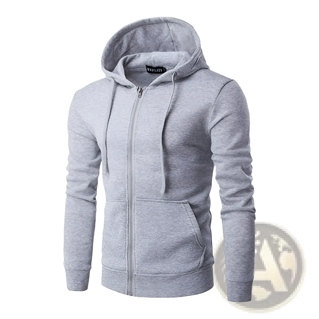 Men’s gray heathered cotton blend zip up hoodie with front pocket and drawstrings for casual wear