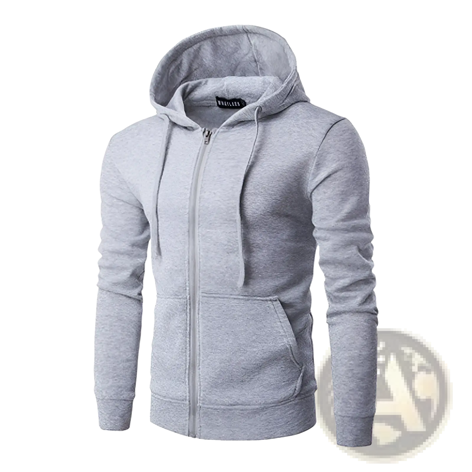 Men’s gray heathered cotton blend zip up hoodie with front pocket and drawstrings for casual wear