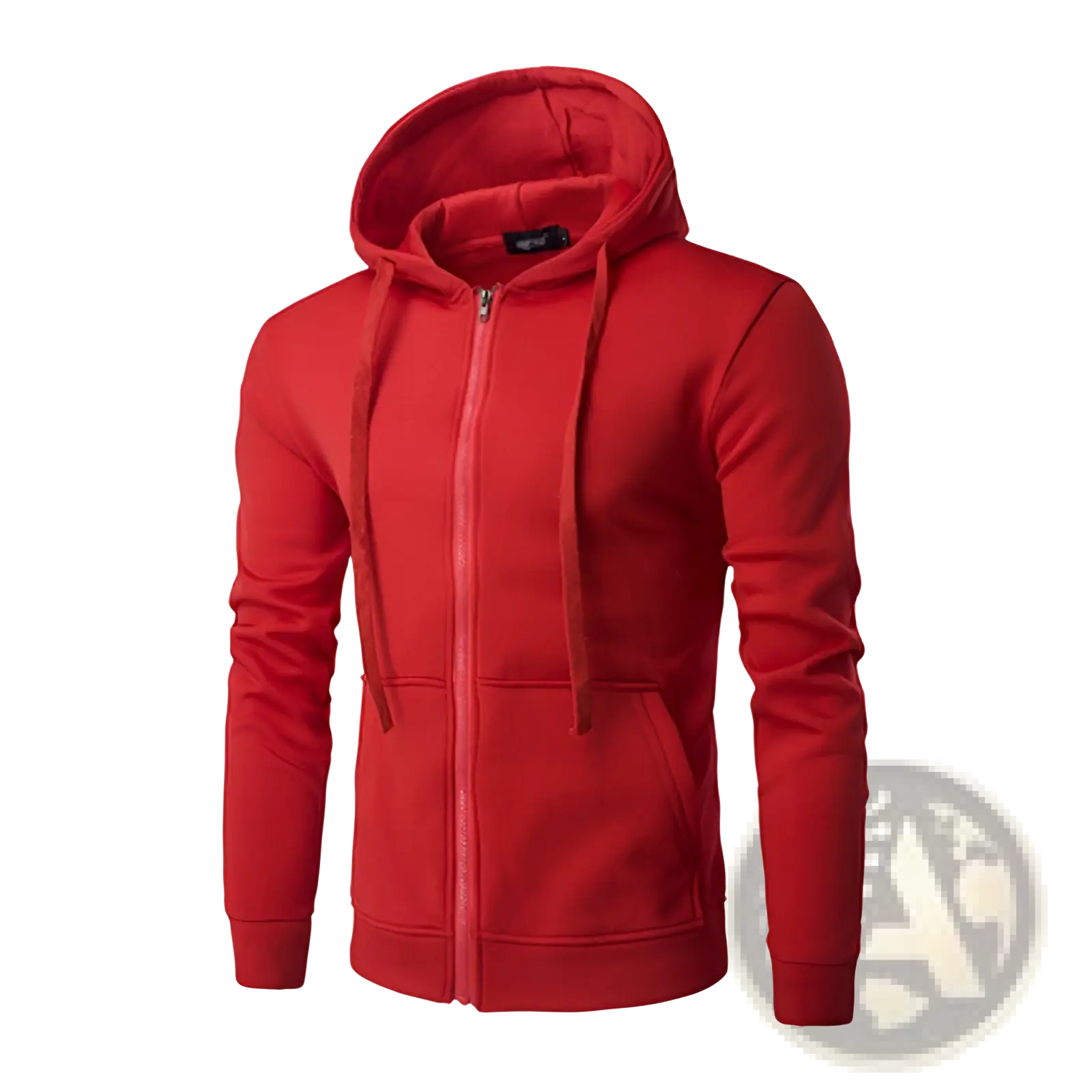 Men’s red cotton blend zip up hoodie with soft fleece material and matching hood and drawstrings