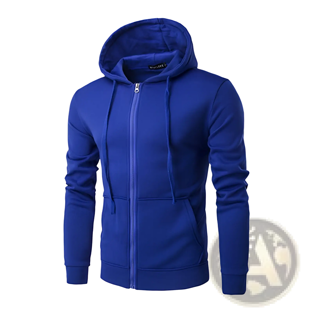 Men’s cotton blend royal blue zip up hoodie with matching hood drawstrings made of soft fleece material