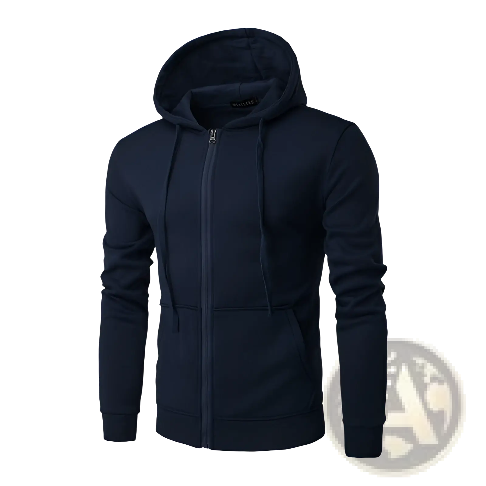 Men’s cotton blend zip up hoodie in dark navy blue with matching hood and drawstrings made of soft fleece material