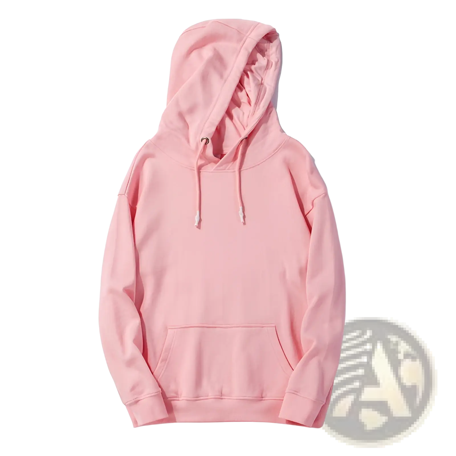Men’s cotton blend zip up hoodie in soft pink with hood, front pocket, and matching drawstrings for casual wear