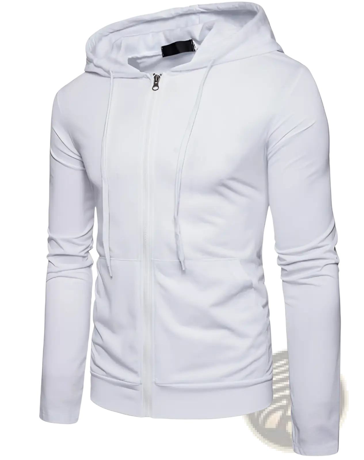 Men’s white cotton blend slim-fit zip-up hoodie with matching drawstrings and front pockets