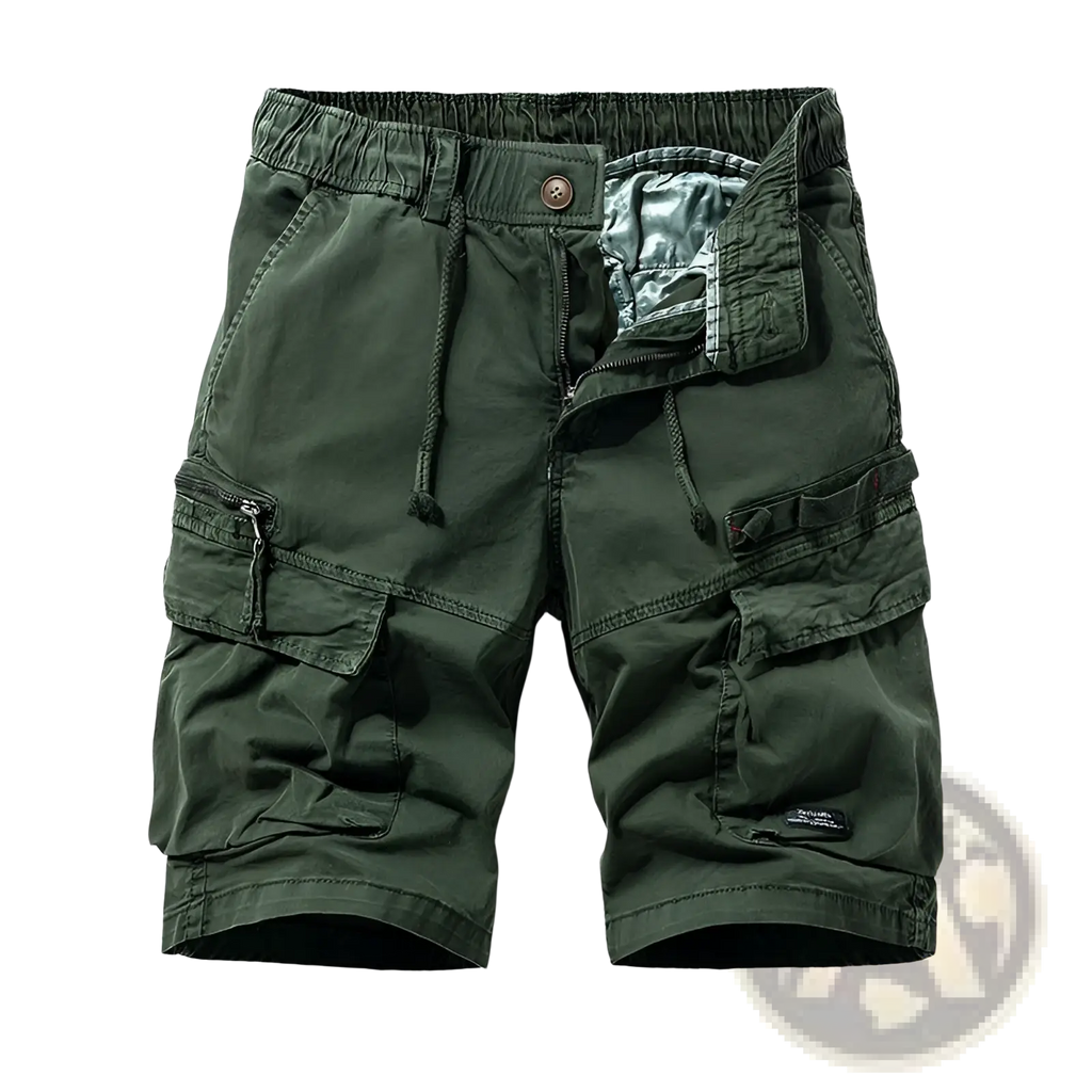 Men’s olive green cotton cargo shorts with multiple pockets and a relaxed fit drawstring waistband