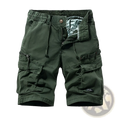 Men’s olive green cotton cargo shorts with multiple pockets and a relaxed fit drawstring waistband