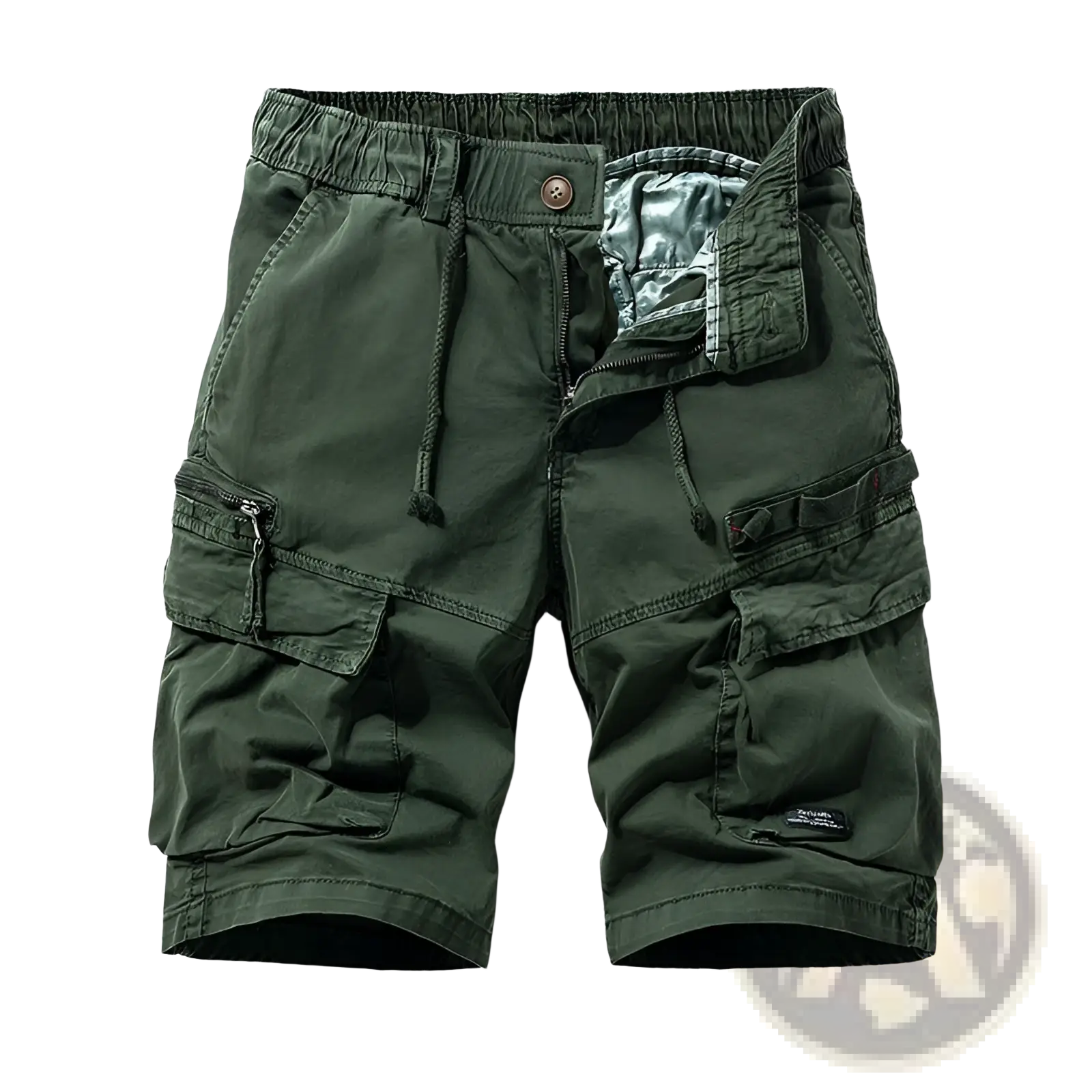 Men’s olive green cotton cargo shorts with multiple pockets and a relaxed fit drawstring waistband