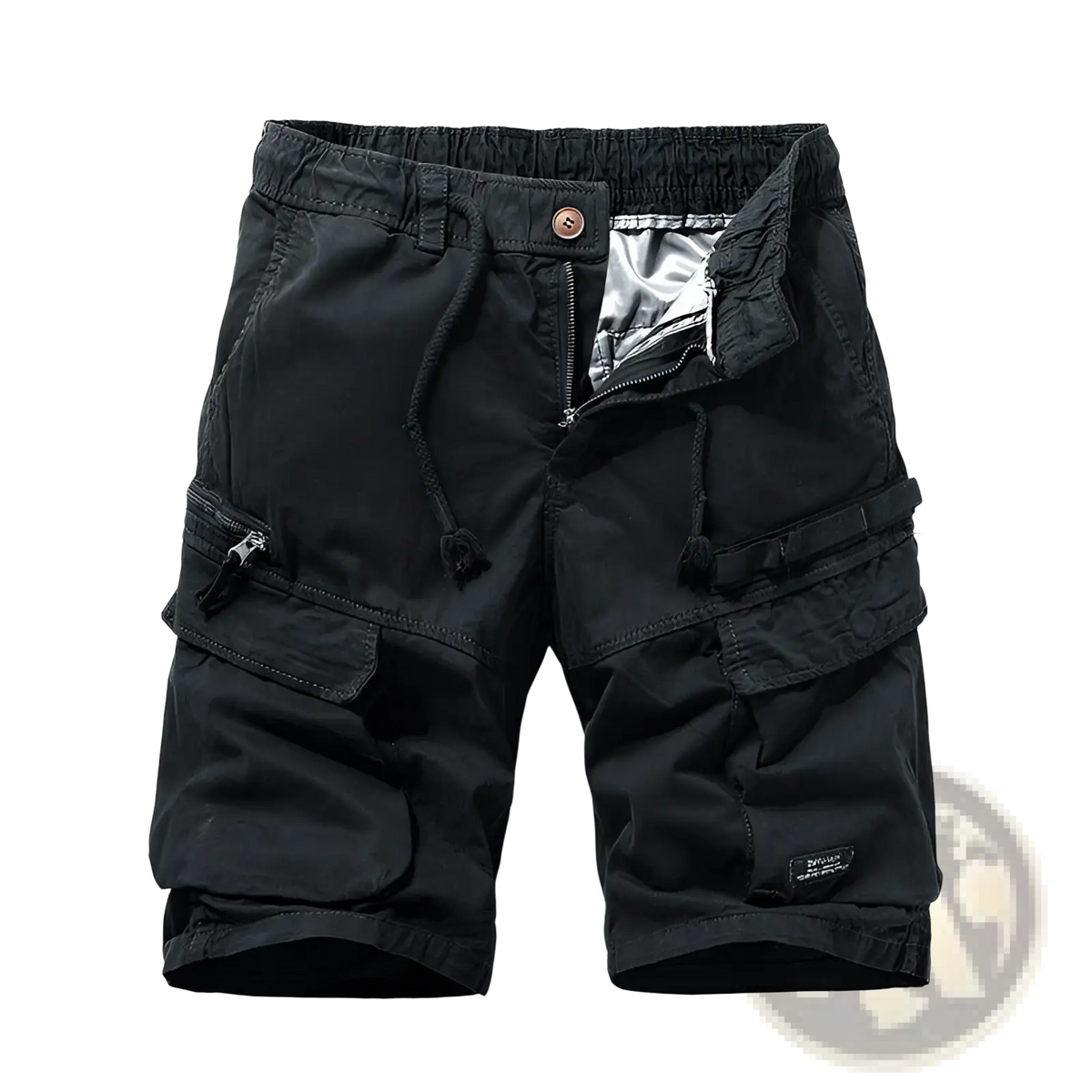 Men’s black cotton cargo shorts with multiple pockets and drawstring waistband featuring a subtle brand patch