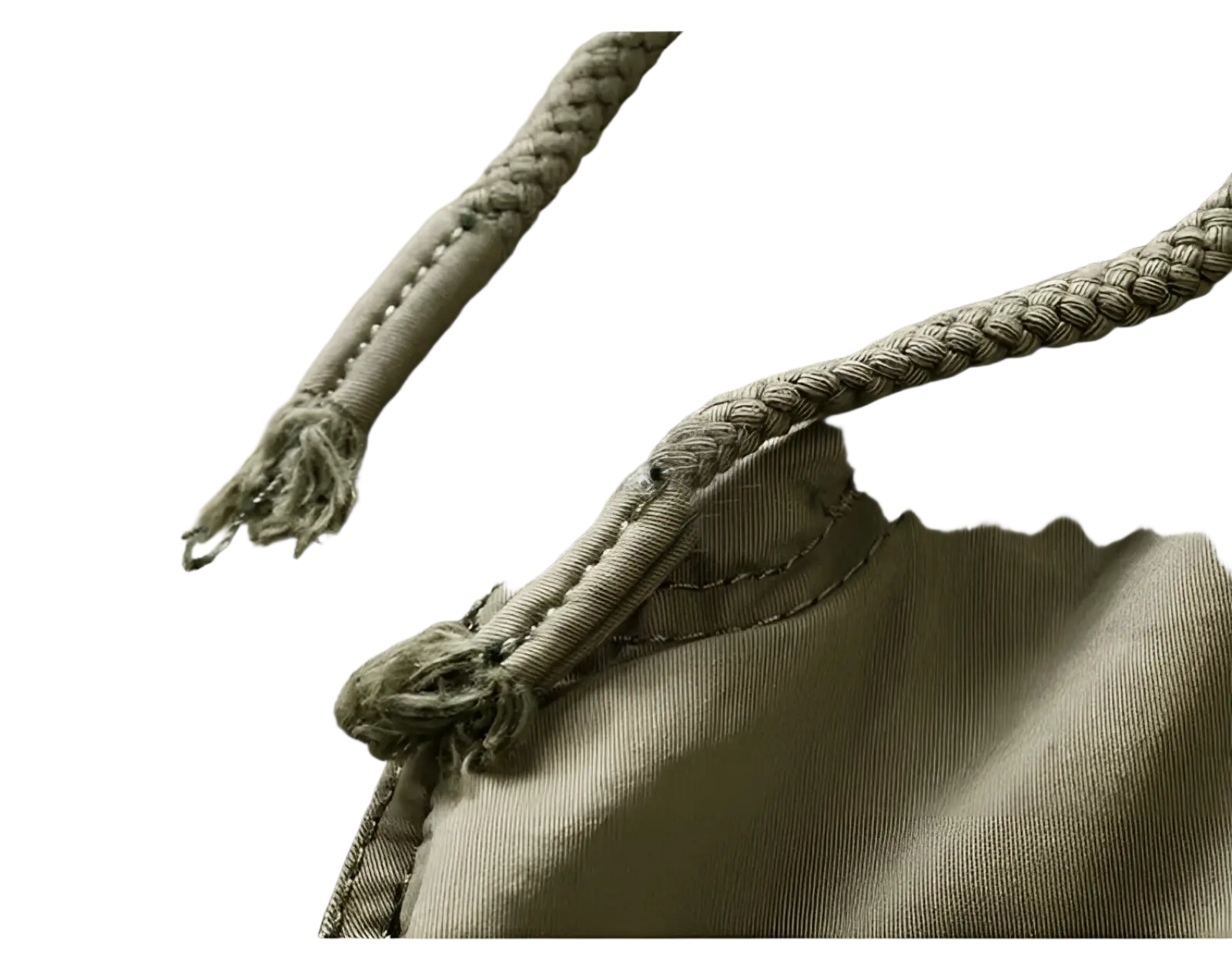 Beige braided cotton drawstring with frayed ends on men’s relaxed fit cotton cargo shorts