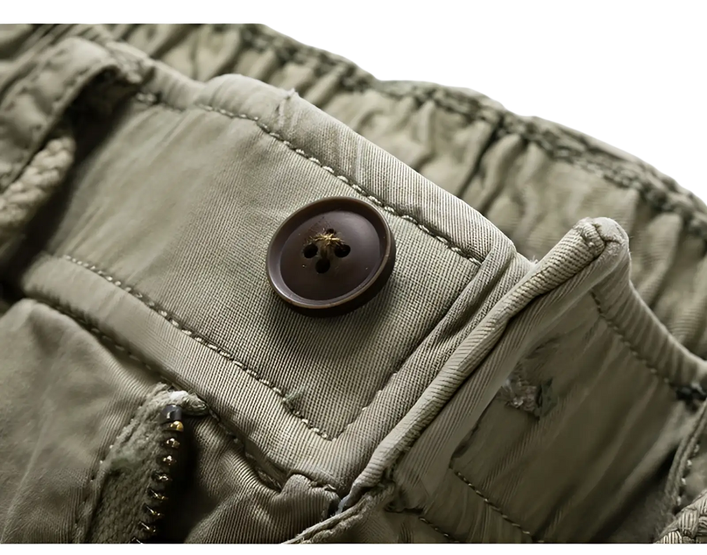 Men’s cotton cargo shorts relaxed fit drawstring featuring dark brown wooden button on olive green cotton fabric