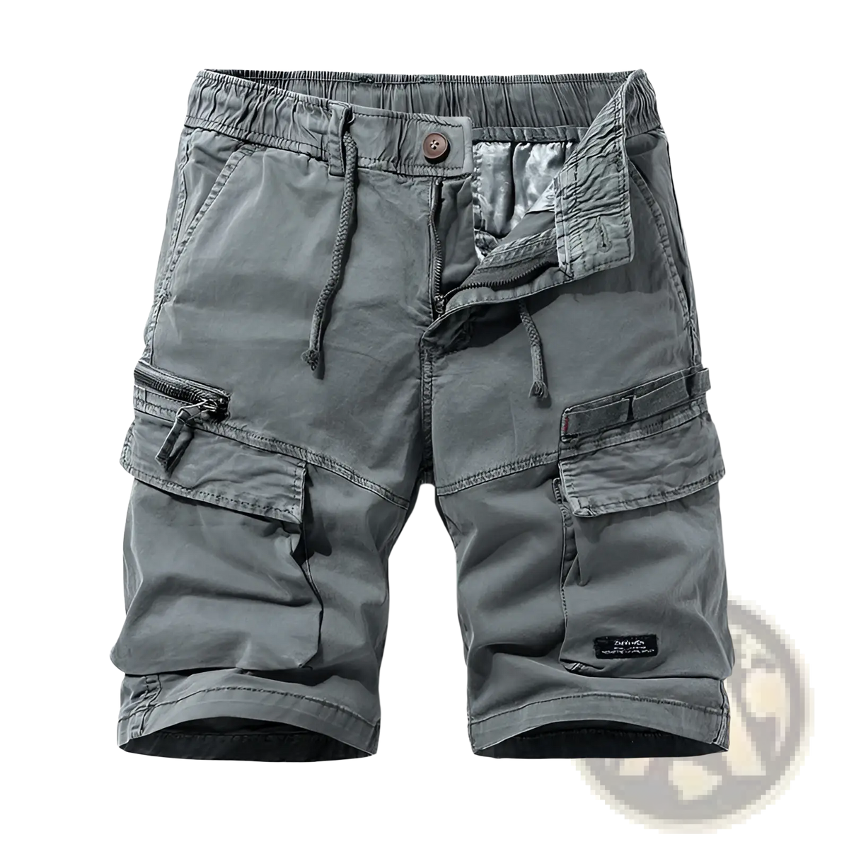 Men’s gray cotton cargo shorts with multiple pockets elastic waistband and drawstring for relaxed fit comfort