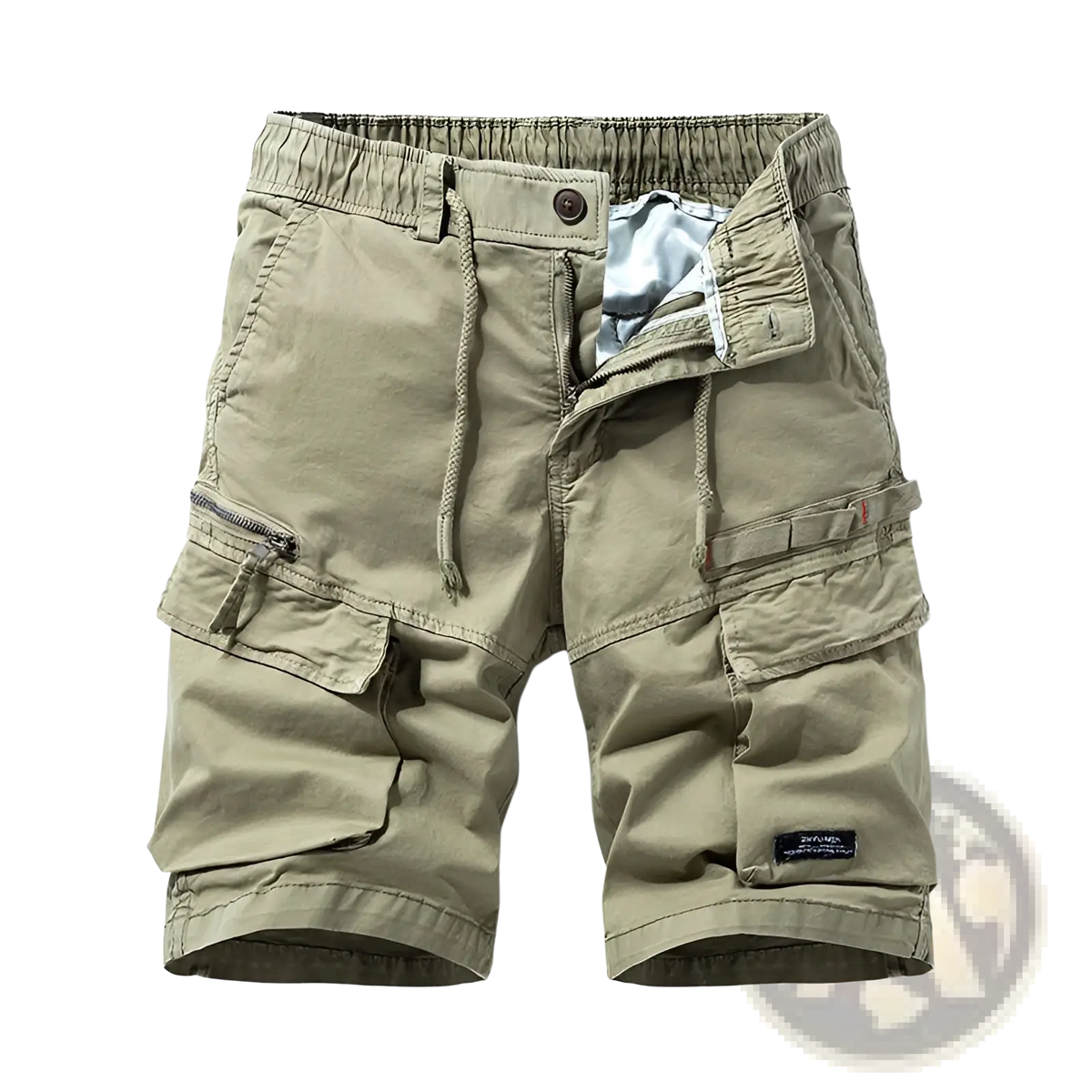 Men’s cotton khaki cargo shorts with multiple pockets and a relaxed fit drawstring waistband for casual wear