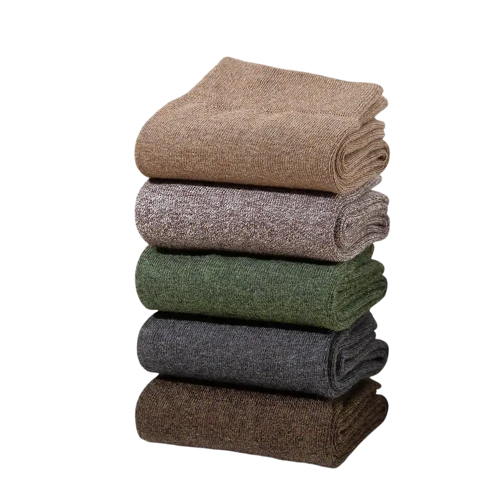 Stack of five folded men’s cotton casual ankle socks in earthy tones including beige gray green dark gray and brown