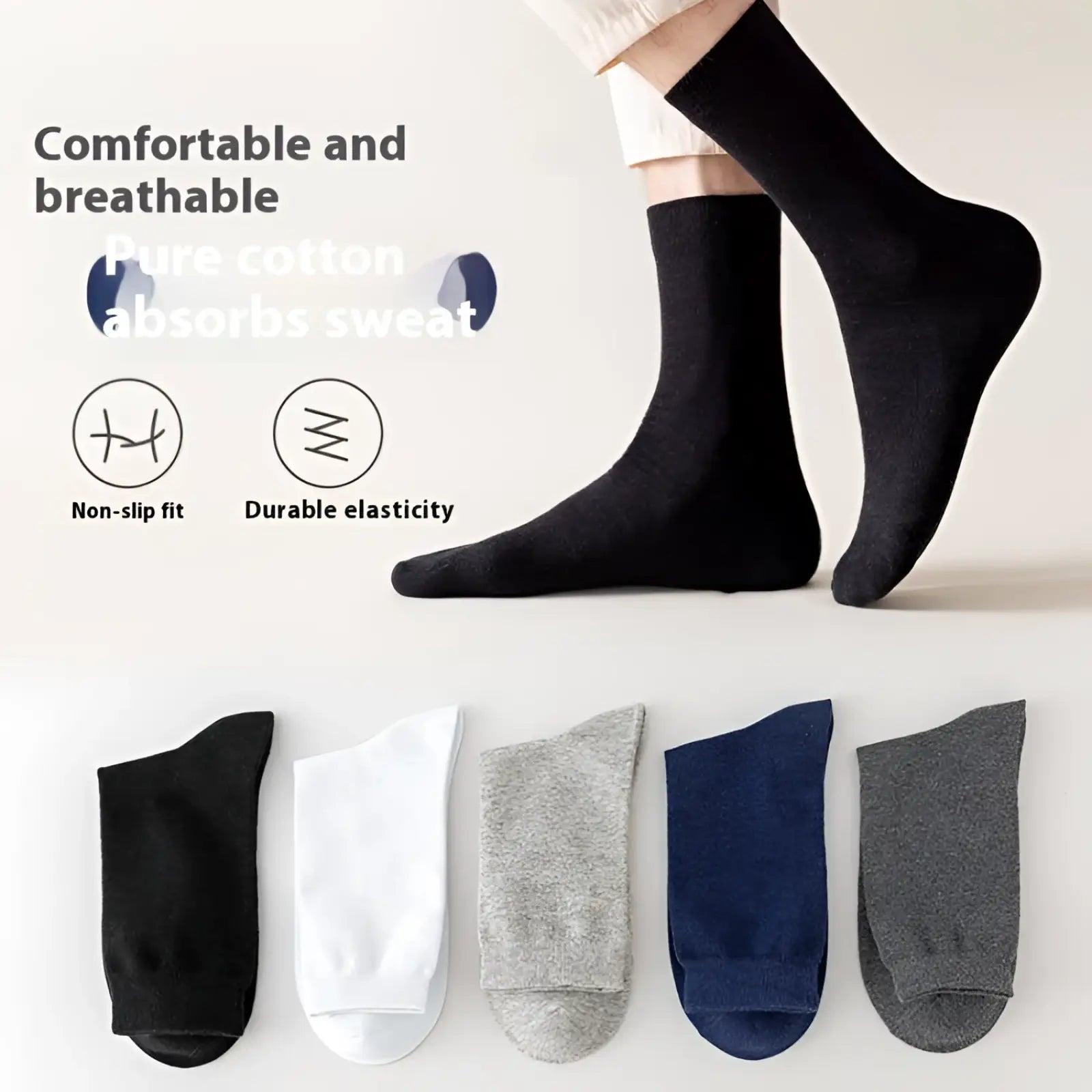 Mens cotton casual crew socks in black with ribbed cuffs breathable solid color for everyday wear