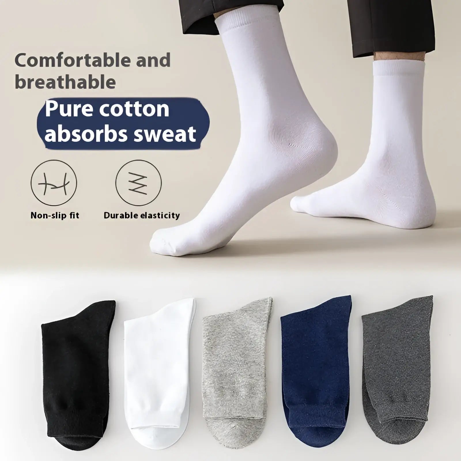 White cotton mens casual crew socks with breathable solid color design available in five classic colors