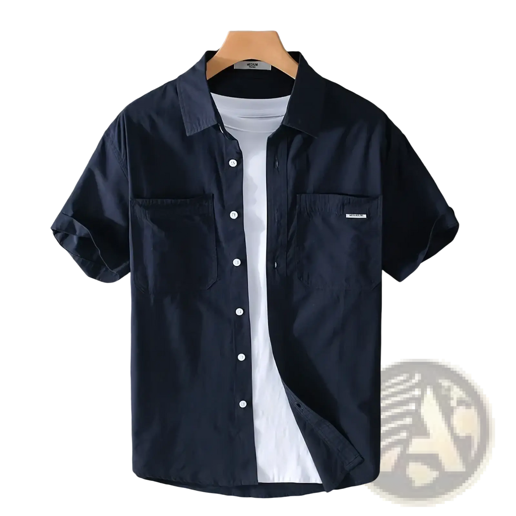 Men’s dark navy cotton casual short sleeve button-up shirt with two chest pockets and white buttons